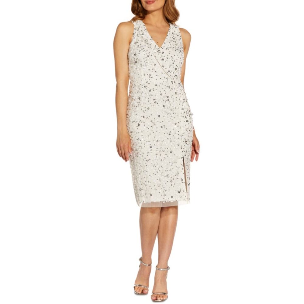 Adrianna Papell Sequin Sleeveless Sheath Cocktail Dress White and Silver Size 8 - Picture 1 of 13